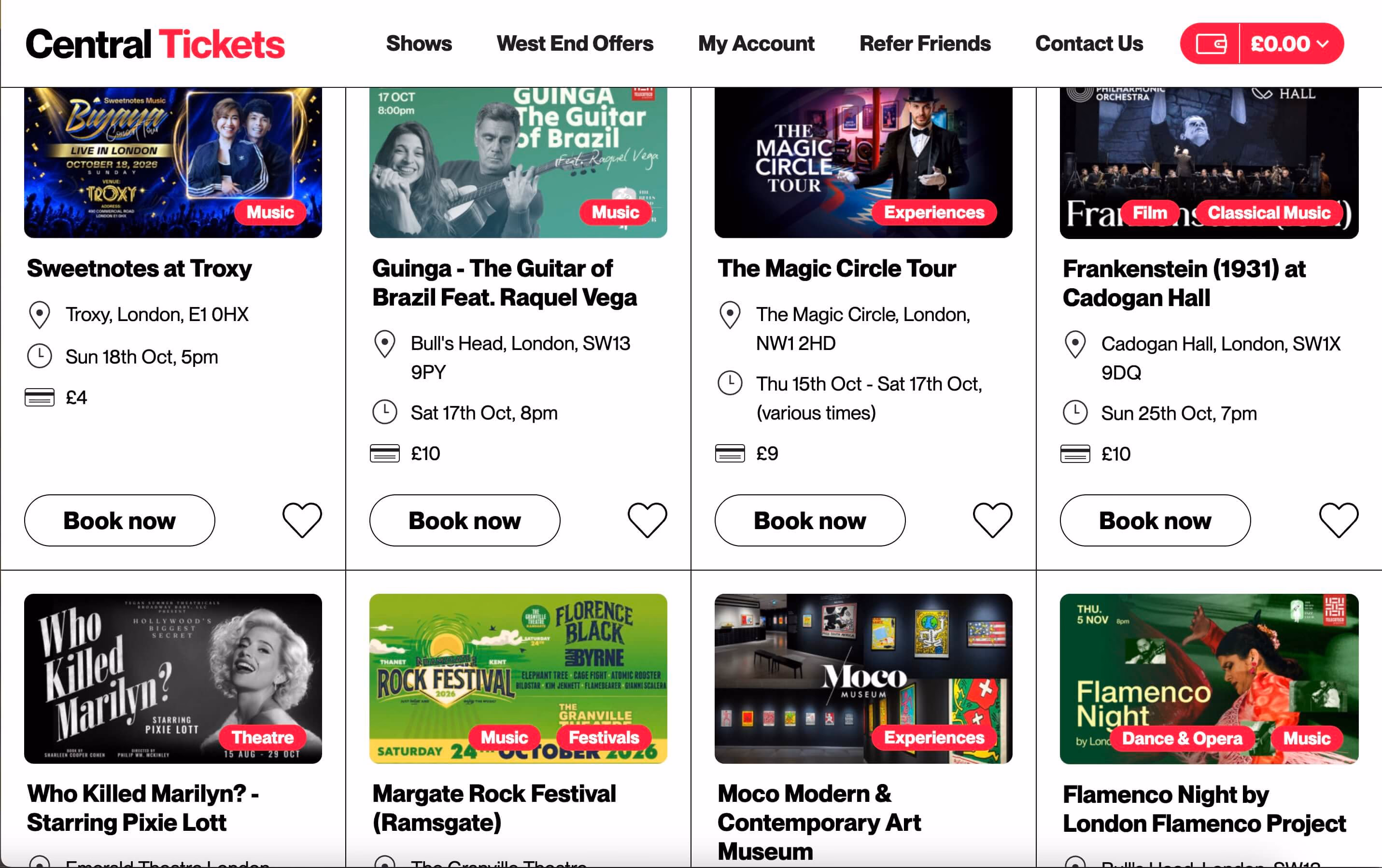 Central Tickets show listings in October 2026, with seats from £4 to £10