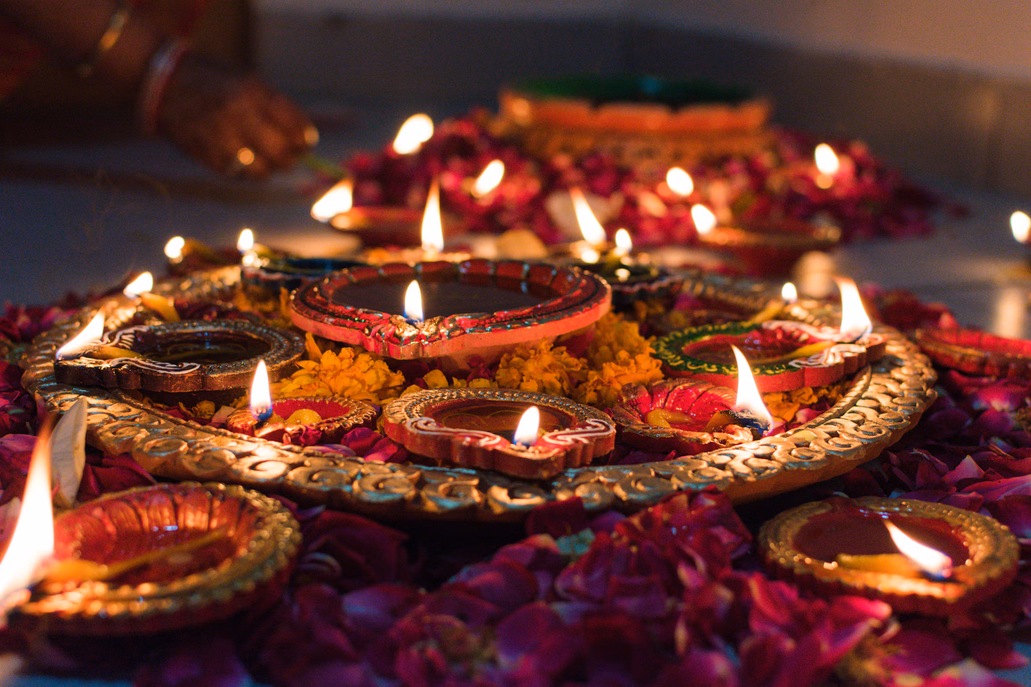 Diwali lamps and lights glowing at dusk