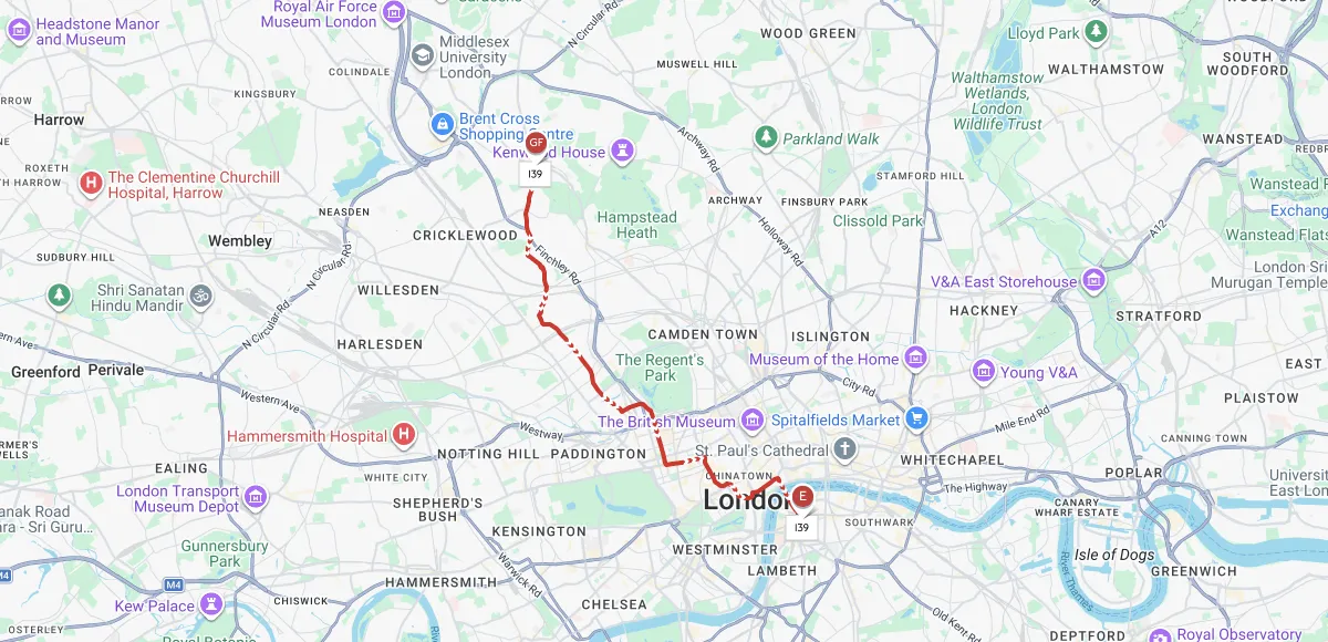 Parcours touristique de la ligne 139 à Londres