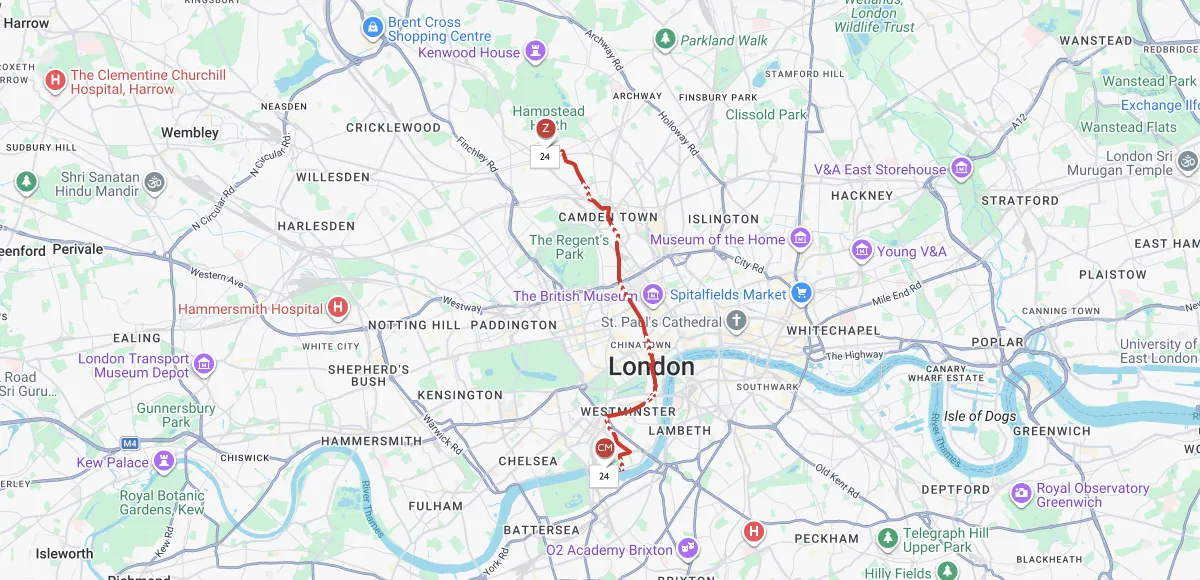 Parcours touristique de la ligne 24 à Londres