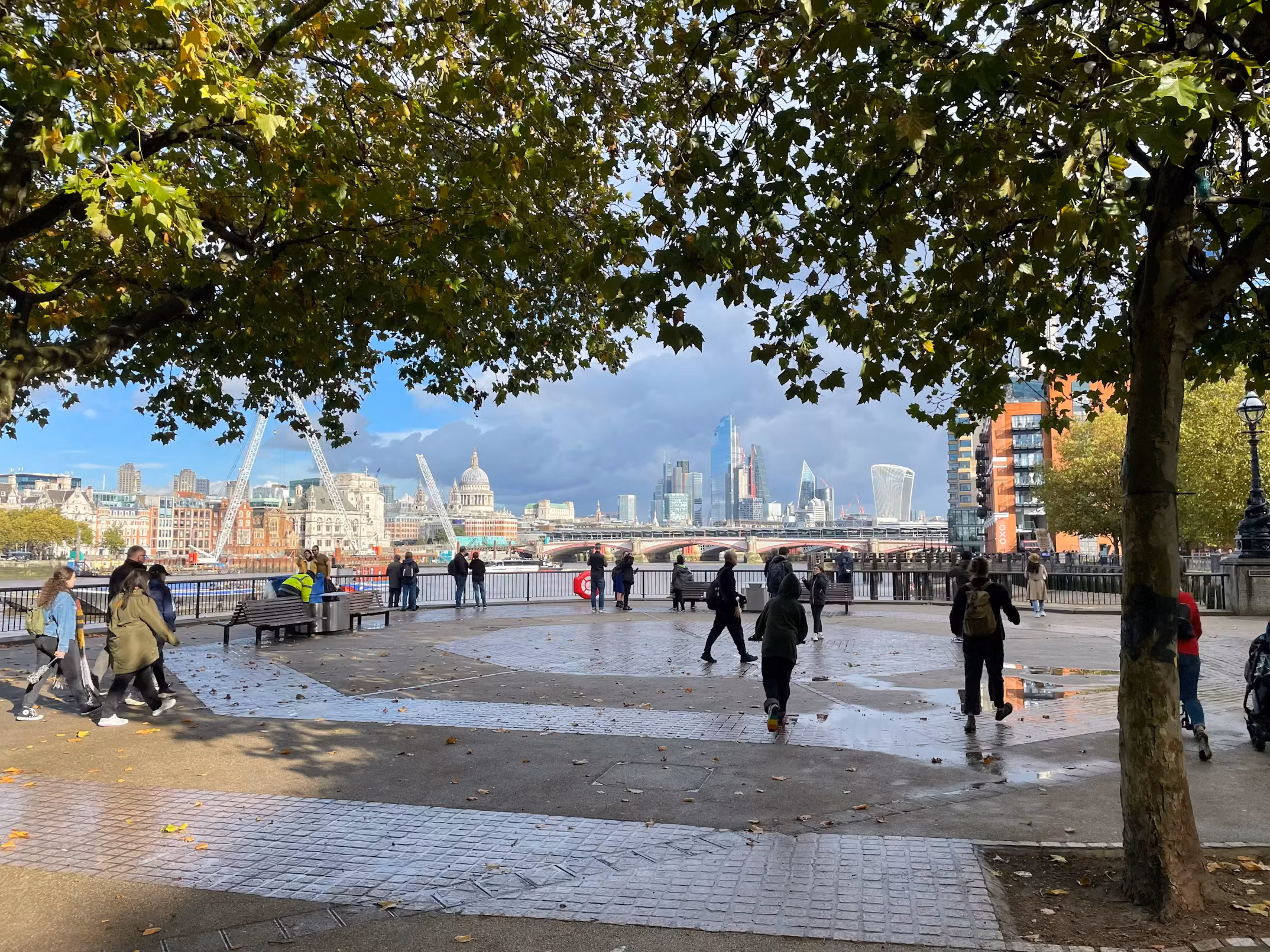 People walking beside the Thames on the South Bank, with central London skyline views