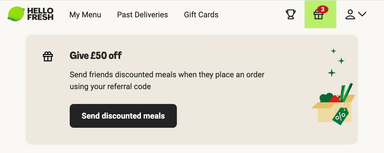 HelloFresh account referral panel offering friends £50 off