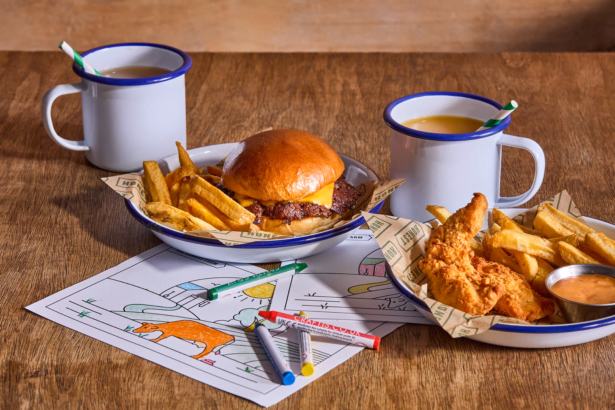 Burger, chips and kids' meal at Honest Burgers