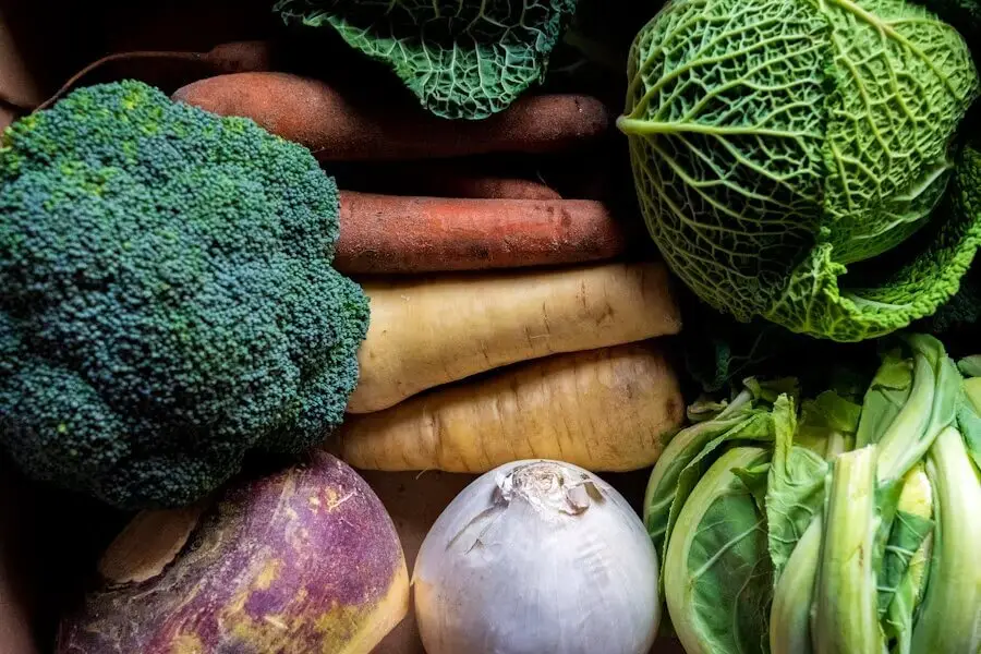 Winter vegetables including broccoli, carrots, parsnips and cabbage