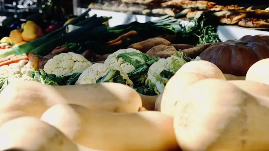 Autumn market vegetables including squash, cauliflower and root vegetables