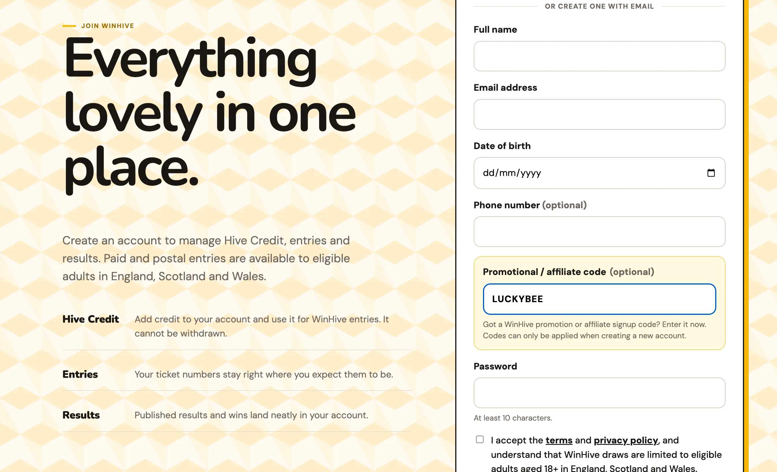 WinHive account registration form with LUCKYBEE entered in the promotional or affiliate code field